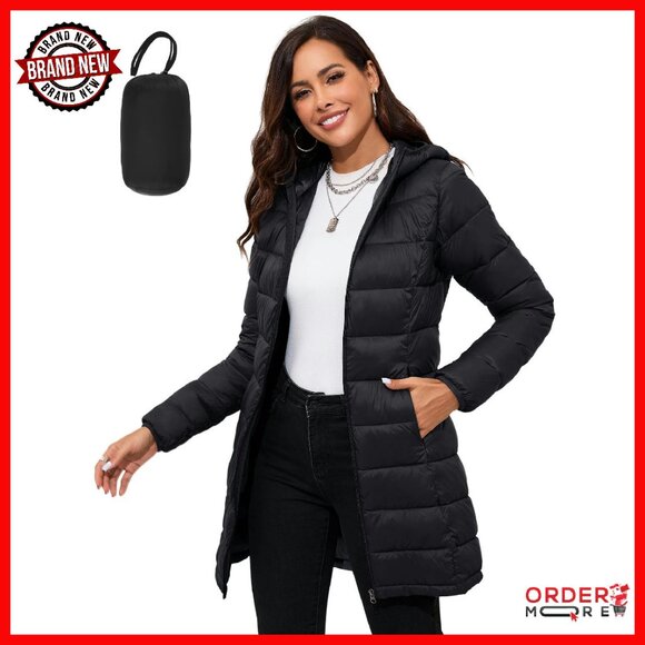Jackets & Blazers - Lightweight Packable Puffer Jacket Hooded Mid-Length Winter Coat
